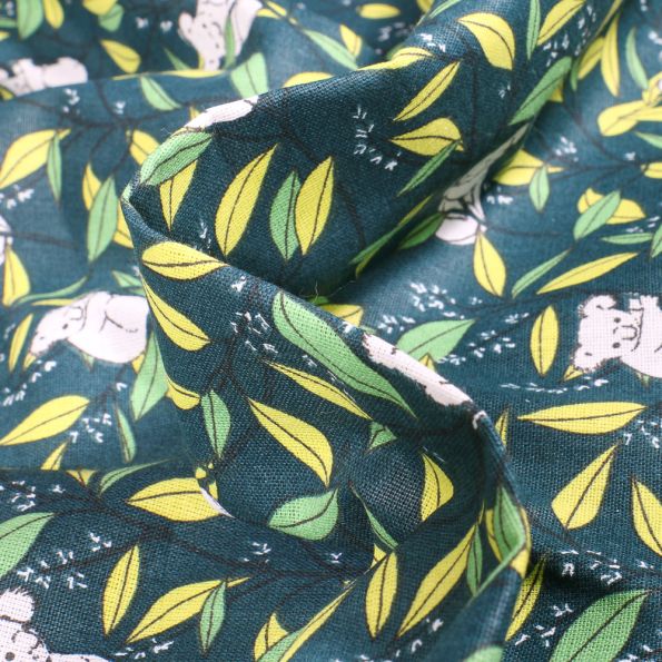 Tissu Coton imprimé Arty Bambou Koala sur fond Bleu pétrole - Par 10 cm