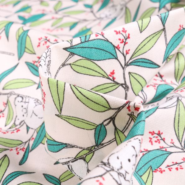 Tissu Coton enduit Bambou Koala sur fond Blanc - Par 10 cm