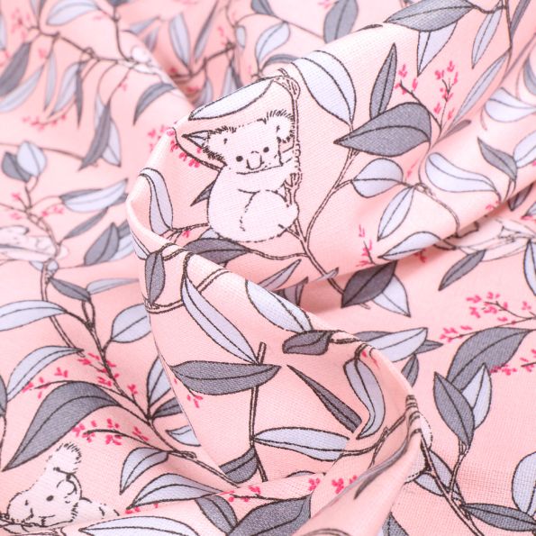 Tissu Coton enduit Bambou Koala sur fond Rose - Par 10 cm