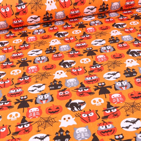 Tissu Coton imprimé Arty Monstres d'halloween sur fond Orange - Par 10 cm