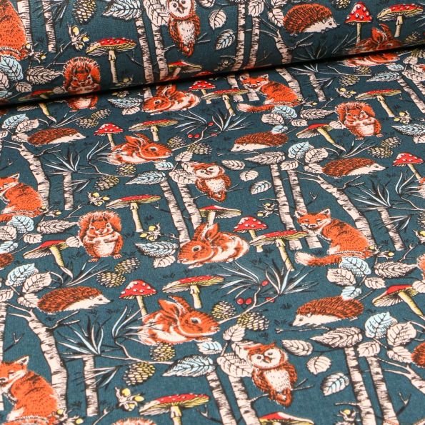 Tissu Coton imprimé Arty Jolie bois sur fond Bleu pétrole - Par 10 cm