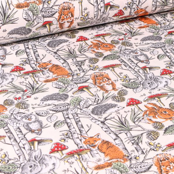 Tissu Coton enduit Jolie bois sur fond Blanc - Par 10 cm