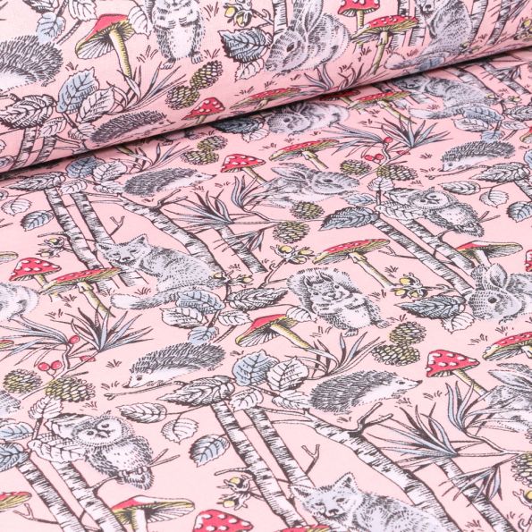 Tissu Coton enduit Jolie bois sur fond Rose - Par 10 cm