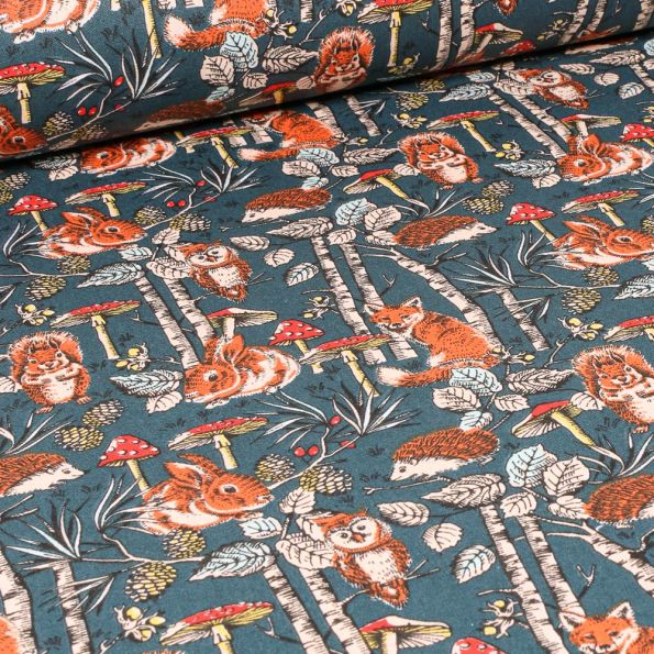 Tissu Coton enduit Jolie bois sur fond Bleu pétrole - Par 10 cm