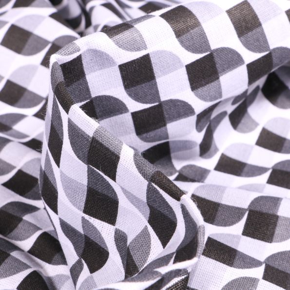 Tissu Coton imprimé Arty Seventies noir et blanc sur fond Blanc - Par 10 cm