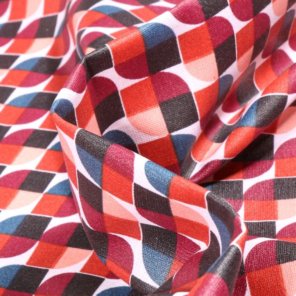 Tissu Coton enduit Seventies terracotta sur fond Blanc - Par 10 cm