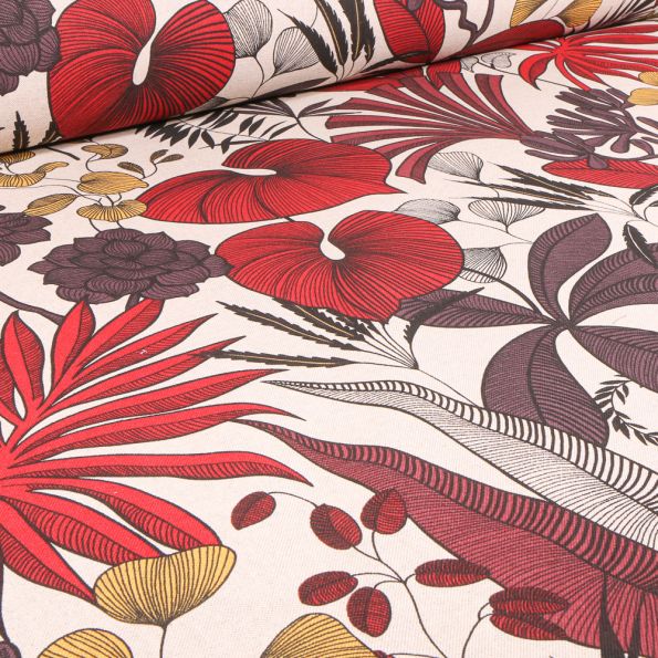 Tissu Toile de Coton Délisia rouge sur fond Ecru - Par 10 cm