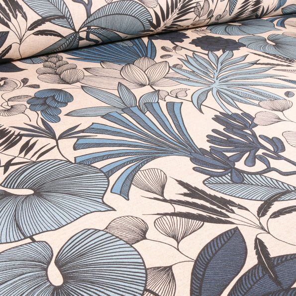 Tissu Toile de Coton enduit Maiana bleu sur fond Ecru - Par 10 cm