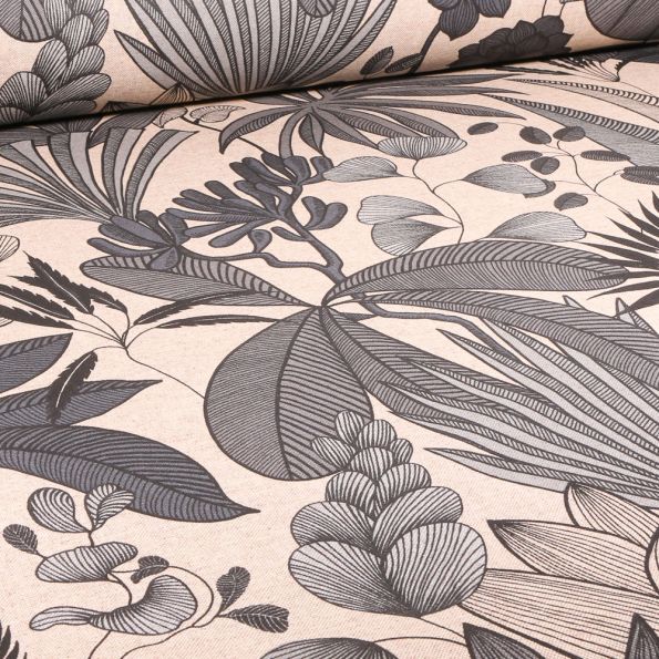 Tissu Toile de Coton enduit Maiana gris sur fond Ecru - Par 10 cm