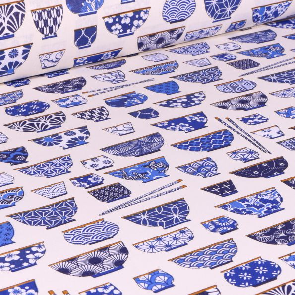 Tissu Coton imprimé Arty Bol ramen bleu sur fond Blanc - Par 10 cm
