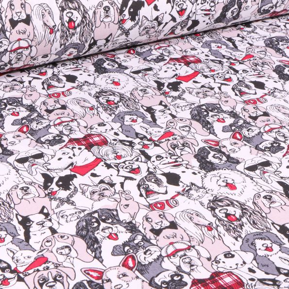 Tissu Coton imprimé Arty Doggy rouge sur fond Blanc - Par 10 cm