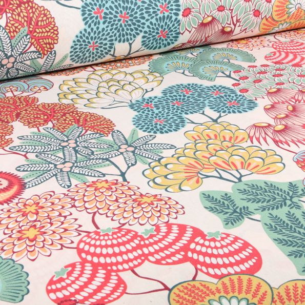 Tissu Coton imprimé Grande largeur Fusain Flower sur fond Blanc cassé - Par 10 cm