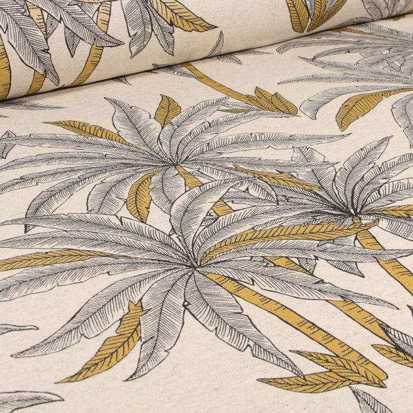 Tissu Toile Coton Lin Golden palm sur fond Ecru - Par 10 cm