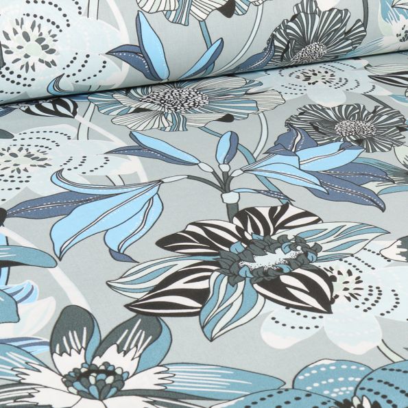 Tissu Coton imprimé grande largeur Belle de nuit bleu sur fond Gris - Par 10 cm