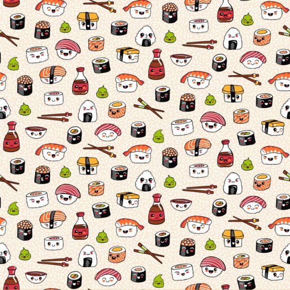 Tissu Coton imprimé Sushi party sur fond Beige - Par 10 cm