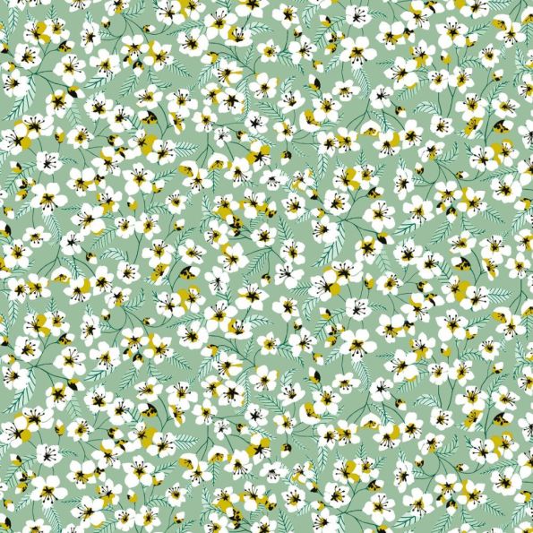 Coupon Tissu Coton imprimé Arty Miyu sur fond Vert menthe - Par coupon de 3 mètres