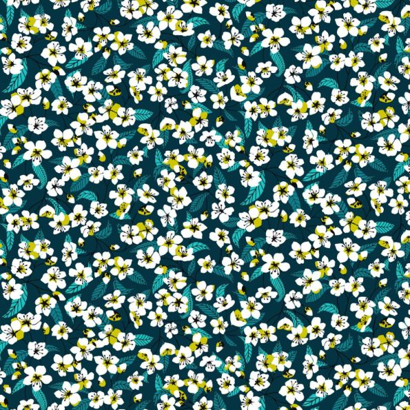 Tissu Coton imprimé Miyu sur fond Bleu pétrole - Coupon de 20 cm