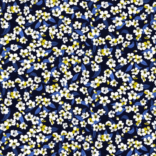 Tissu Coton imprimé Miyu sur fond Bleu marine - Par 10 cm