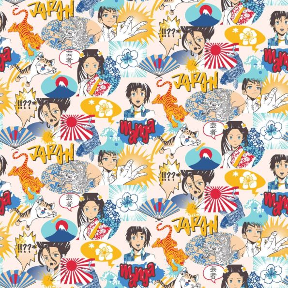 Tissu Coton imprimé Kyoko sur fond Blanc - Par 10 cm