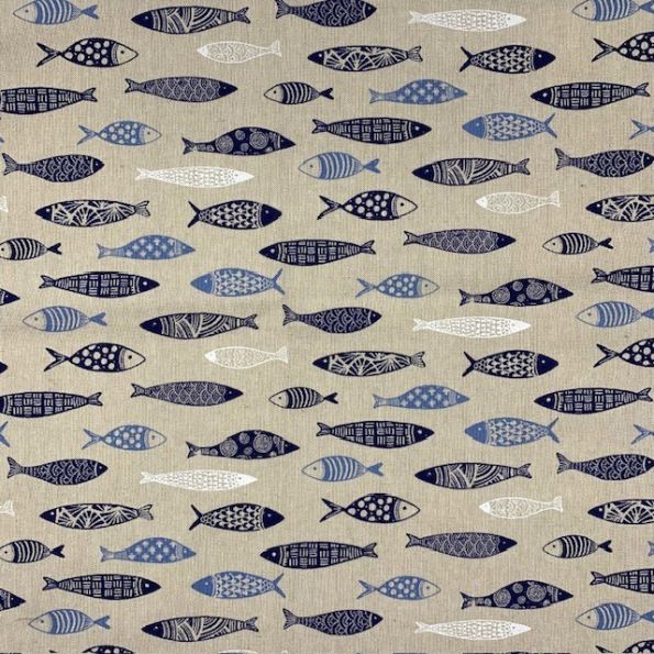 Tissu Toile de Coton Sardines Bleues sur fond Naturel - Par 10 cm