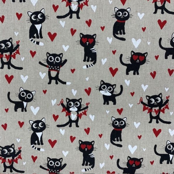 Tissu Toile de Coton Chat Love sur fond Naturel - Par 10 cm