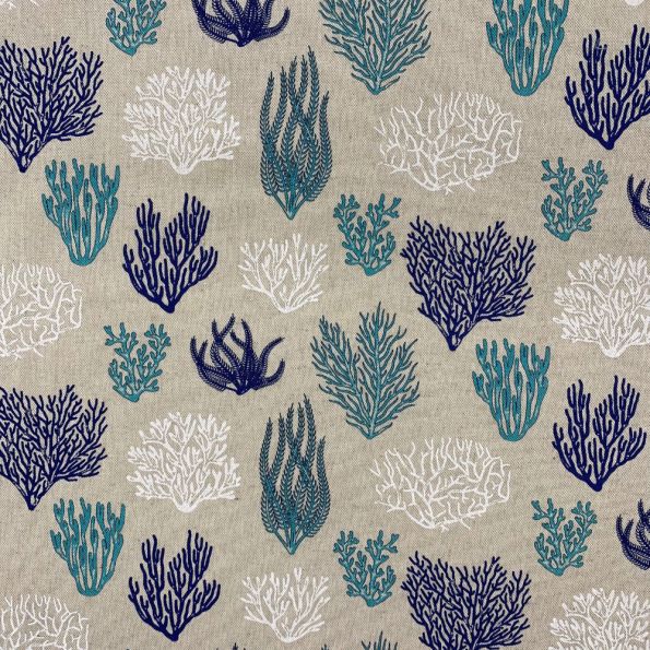 Tissu Toile de Coton Coraux bleus sur fond Naturel - Par 10 cm
