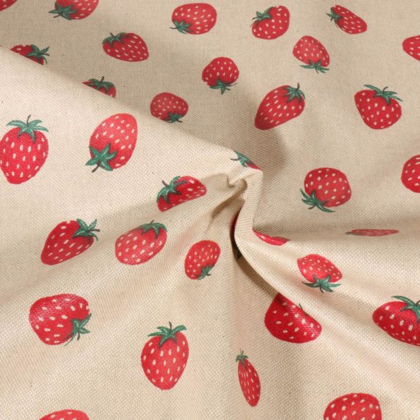 Tissu Toile de Coton enduit Fraises rouges sur fond Beige - Par 10 cm