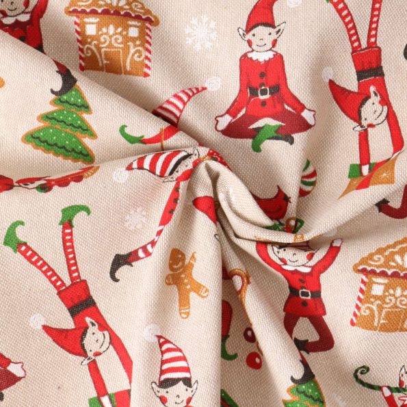 Tissu Toile Polycoton Lutinou esprit de Noël sur fond Beige - Par 10 cm