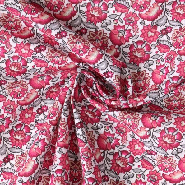 Tissu Coton Cretonne Mirelda fleurs vintage Roses sur fond Blanc - Par 10 cm