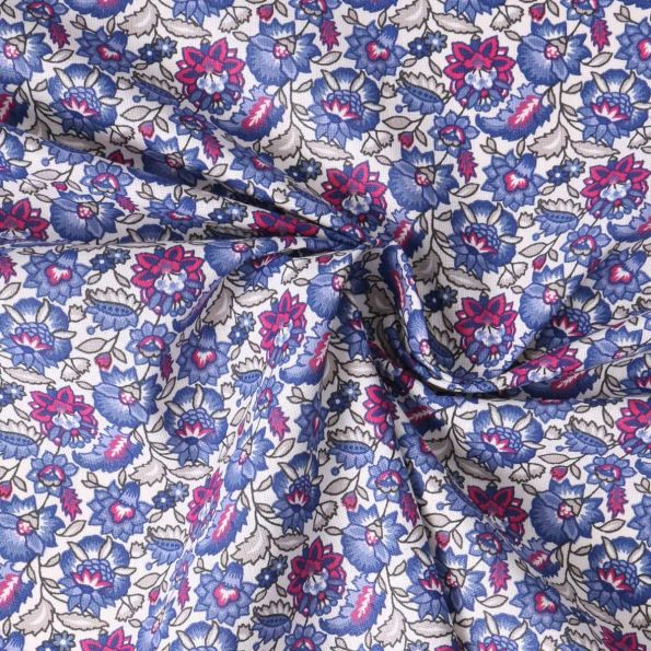 Tissu Coton Cretonne Mirelda fleurs vintage Bleu lavande sur fond Blanc - Par 10 cm