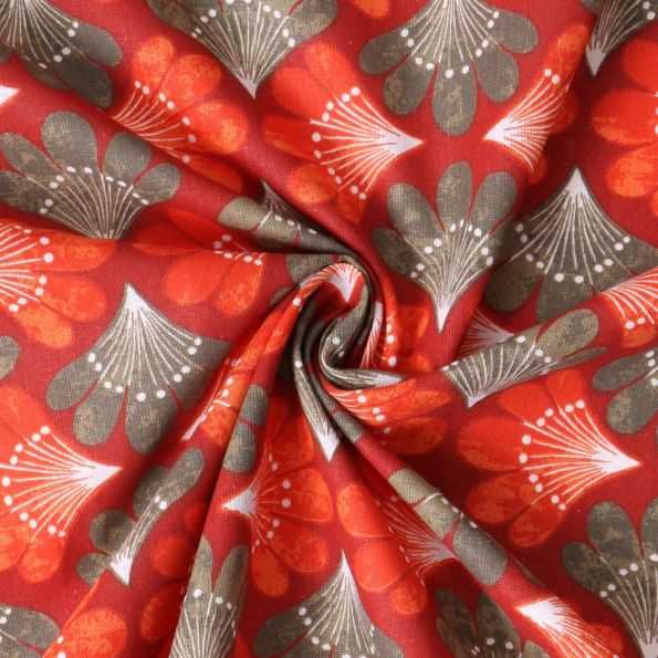 Tissu Coton Cretonne Amanda éventails Bronze et Rouges sur fond Rouge - Par 10 cm