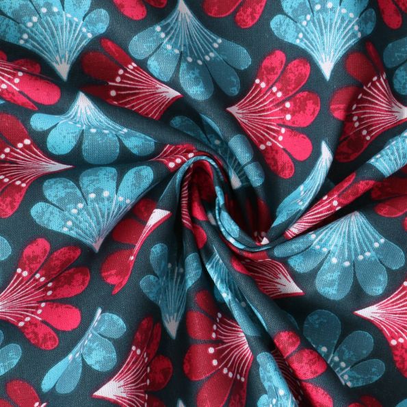 Tissu Coton Cretonne Amanda éventails Roses et Bleus sur fond Bleu - Par 10 cm