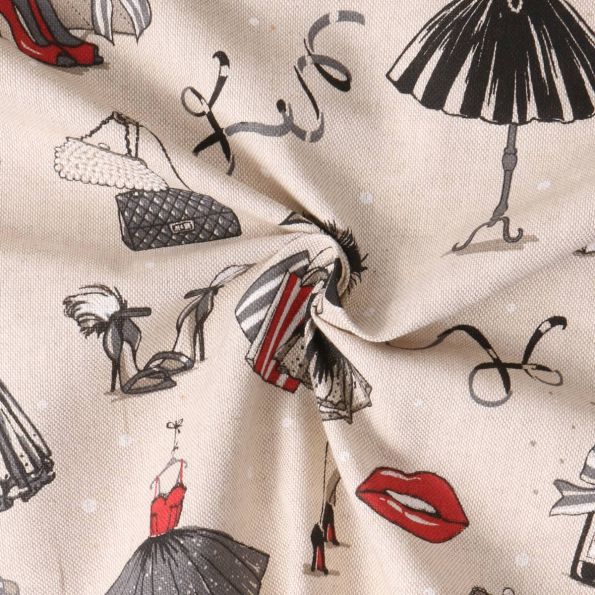 Tissu Toile Polycoton Eloïna mode parisienne sur fond Beige - Par 10 cm