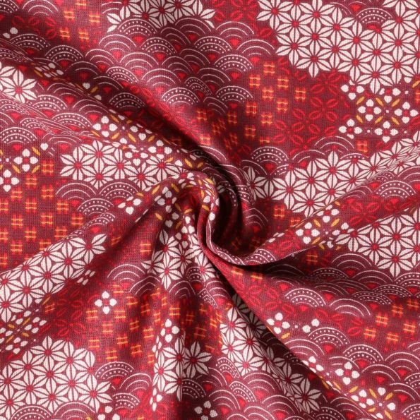 Tissu Coton Cretonne Shogun motifs traditionnels japonais sur fond Rouge - Par 10 cm