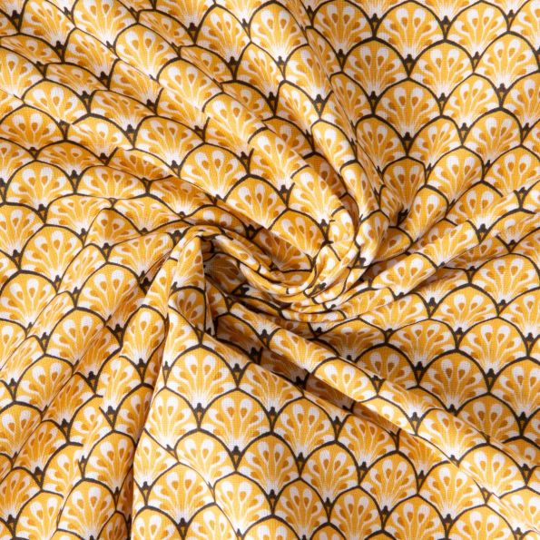 Tissu Coton imprimé Arty éventails Gaudi sur fond Jaune curry - Par 10 cm