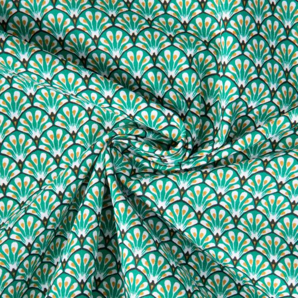Tissu Coton imprimé Arty éventails Gaudi sur fond Vert - Par 10 cm