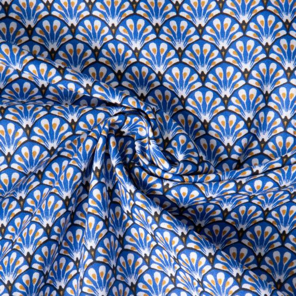 Tissu Coton imprimé Arty éventails Gaudi sur fond Bleu roi - Par 10 cm