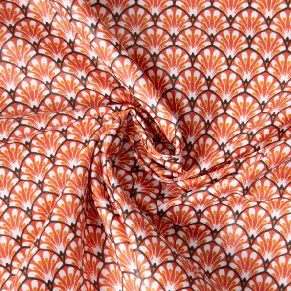 Tissu Coton enduit éventails Gaudi sur fond Terracotta - Par 10 cm