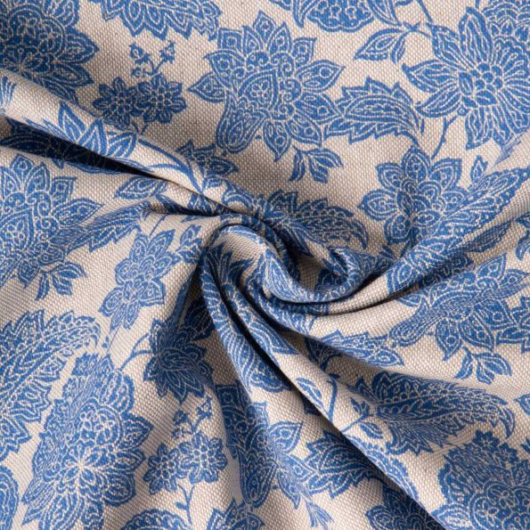 Tissu Toile Polycoton Les indiennes bleues sur fond Naturel - Par 10 cm