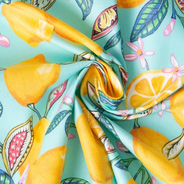 Tissu Coton enduit Citrons Jaunes sur fond Bleu turquoise - Par 10 cm