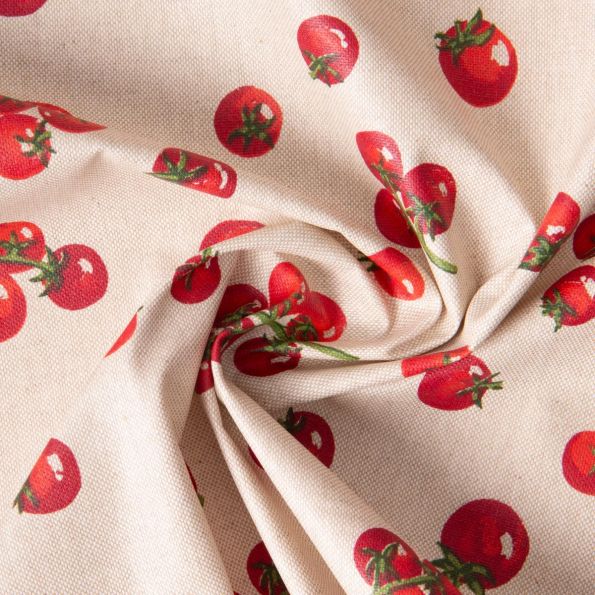 Tissu Toile Polycoton enduit Tomates cerise sur fond Naturel - Par 10 cm