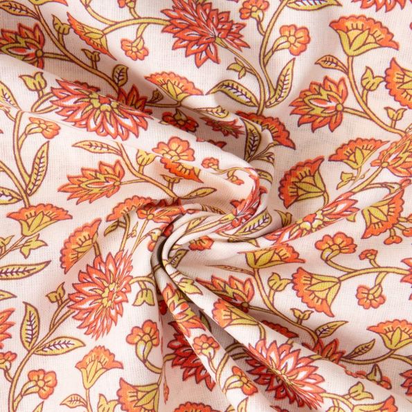 Tissu Coton imprimé Arty Santal fleuris sur fond Ecru - Par 10 cm