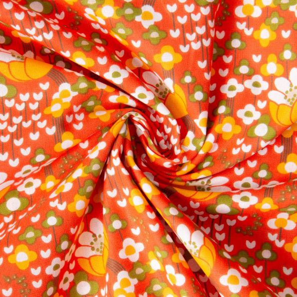 Tissu Coton imprimé Arty Clodettes fleuris sur fond Orange - Par 10 cm