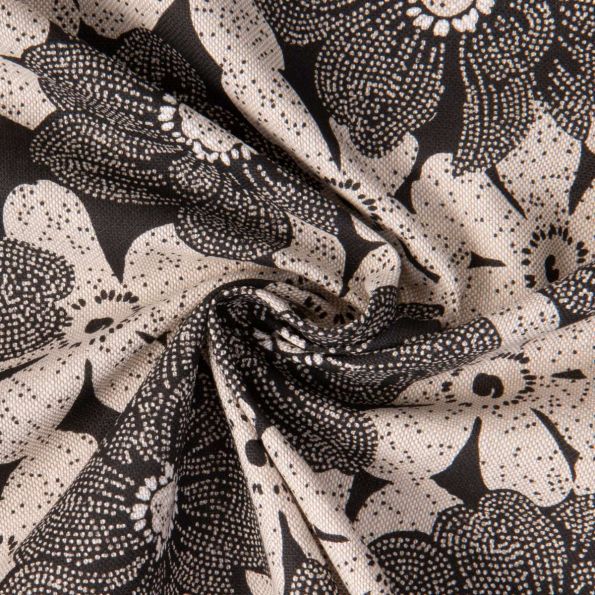 Tissu Toile Polycoton Luna grandes fleurs Noir sur fond Naturel - Par 10 cm