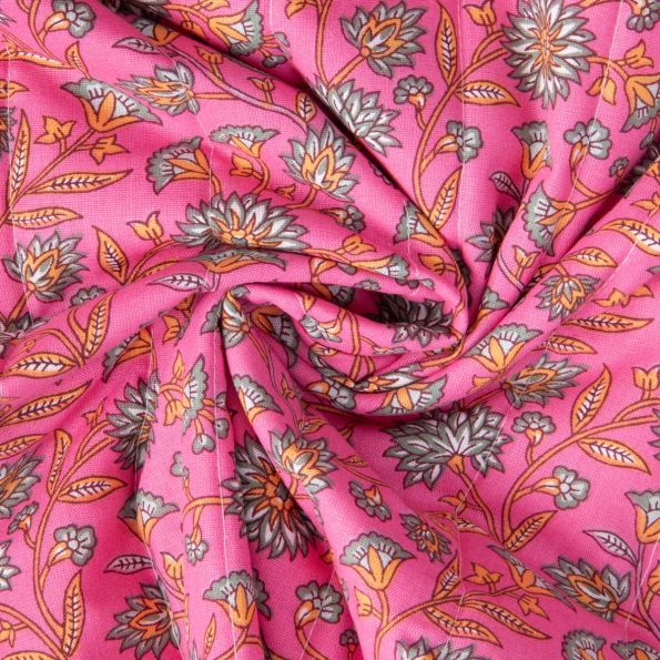 Tissu Coton Matelassé réversible Santal fleuris sur fond Rose fuchsia - Par 10 cm