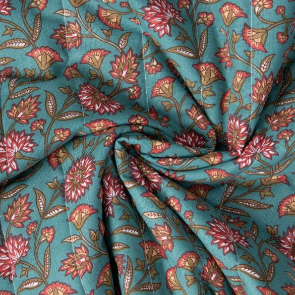 Tissu Coton Matelassé réversible Santal fleuris sur fond Bleu canard - Par 10 cm