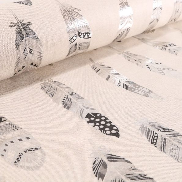 Tissu Toile de Coton Plumes Métallisées Argent sur fond Beige - Par 10 cm