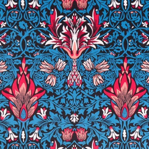 Tissu Velours ras épais tout doux Motifs Floraux Oranges, rouges et blancs sur fond Bleu et noir - Par 10 cm