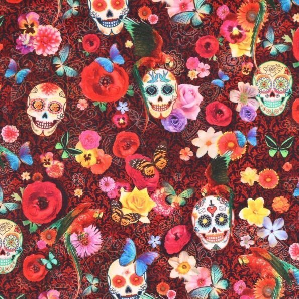 Tissu Velours ras épais tout doux Têtes de mort et fleurs multicolores sur fond Noir et orange - Par 10 cm