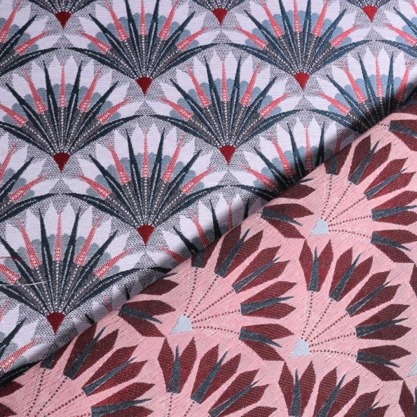 Tissu Jacquard Éventails gris et rose sur fond Gris - Par 10 cm